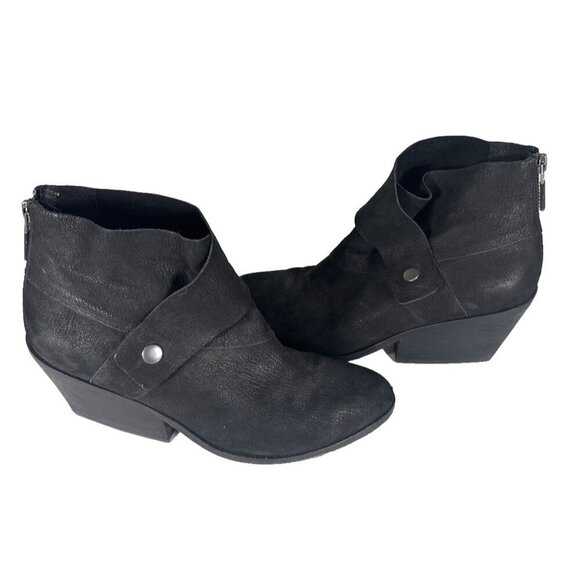 Eileen Fisher Tag Wrap-Snap Leather Booties Black Size 8 Block Heel Ankle Spot - Picture 3 of 11